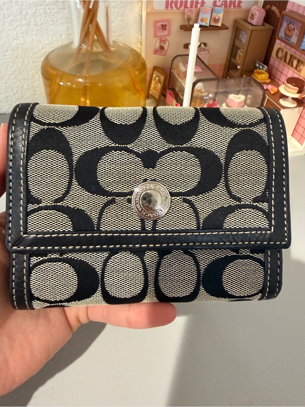 Coach Trifold Signature Canvas Logo Fabric Medium Wallet black and beige